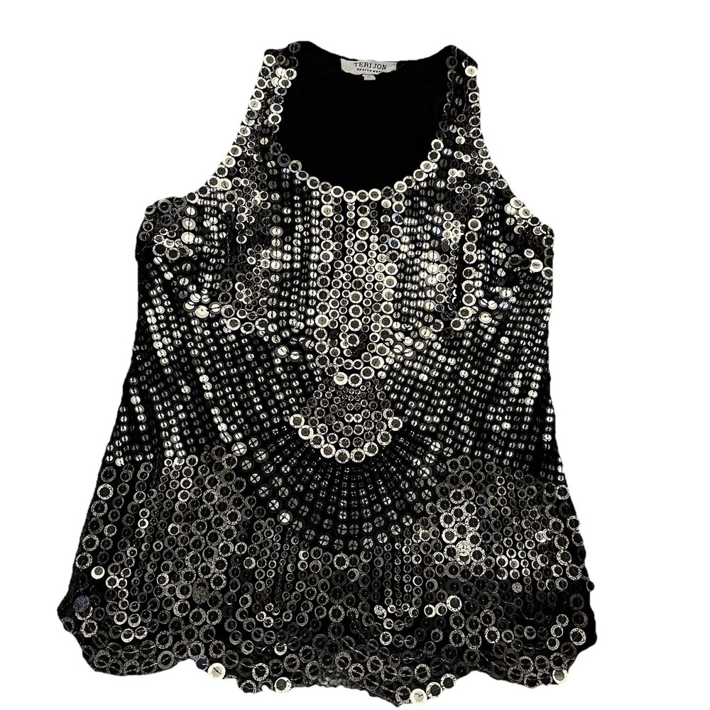 TERI JON Black Gold Sequin Top Party Shimmer Clubwear Going Out‎ Women's M Tank